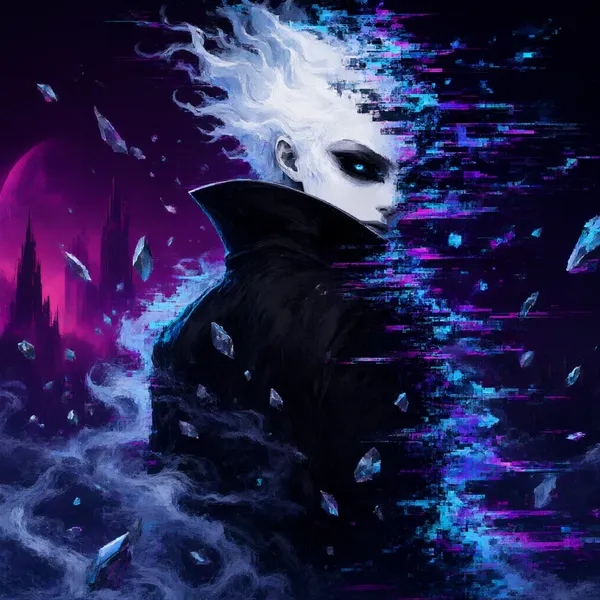 The Keeper turning away into a static mist, half of him breaking into cyan shards